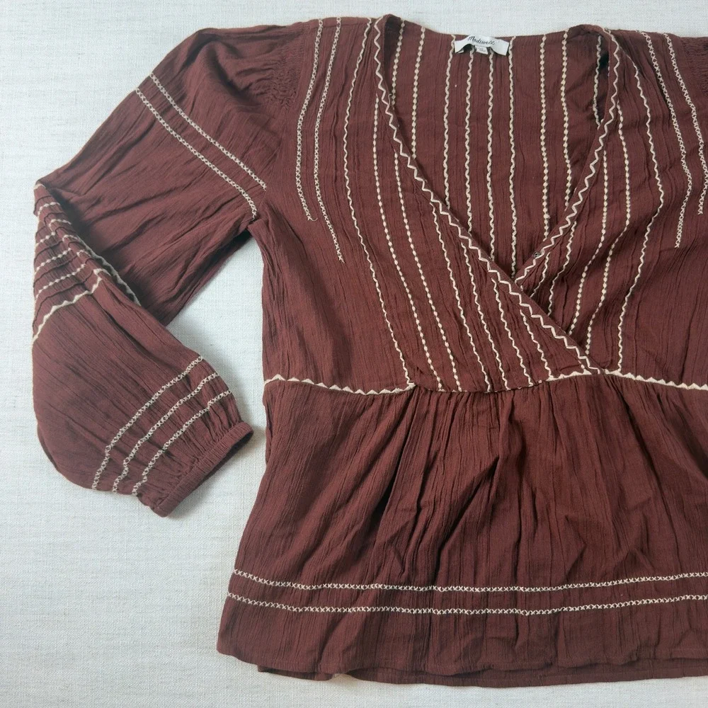 Madewell Embroidered Wrap Peplum Top Womens XS Rust Cotton Gauze Boho